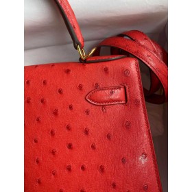 Hermes Kelly Sellier 28 Handmade Bag In Red Ostrich Leather