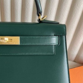 Hermes Kelly Sellier 28 Handmade Bag in Vert Fonce Box Calfskin