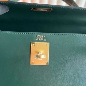 Hermes Kelly Sellier 28 Handmade Bag in Vert Fonce Box Calfskin