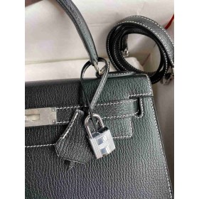 Hermes Kelly Sellier 28 Verso Handmade Bag in Black and Red Mysore Chevre Goatskin