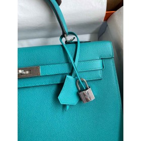 Hermes Kelly Sellier 32 Handmade Bag in Blue Paon Epsom Calfskin