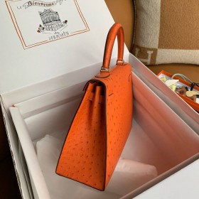 Hermes Kelly Sellier 32 Handmade Bag in Orange Ostrich Leather