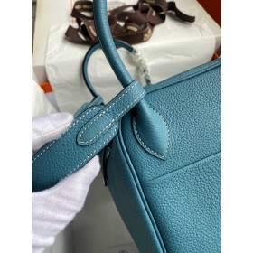 Hermes Lindy 30 Handmade Bag In Blue Jean Clemence Leather
