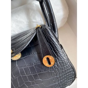 Hermes Mini Lindy Handmade Bag In Black Matte Alligator Leather