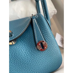 Hermes Mini Lindy Handmade Bag In Blue Jean Clemence Leather