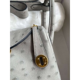 Hermes Mini Lindy Handmade Bag In Pearl Grey Ostrich Leather