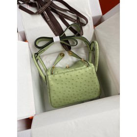 Hermes Mini Lindy Handmade Bag In Vert Criquet Ostrich Leather
