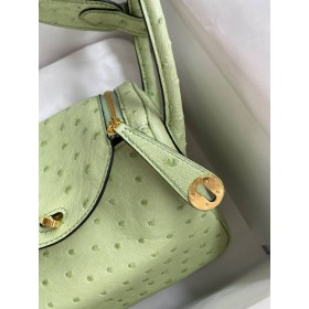 Hermes Mini Lindy Handmade Bag In Vert Criquet Ostrich Leather