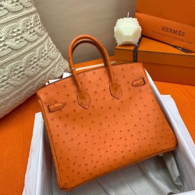 Hermes Birkin 25 Handmade Bag In Orange Ostrich Leather