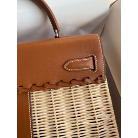 Hermes Picnic Kelly 28cm Bag in Wicker with Barenia Leather