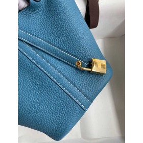 Hermes Picotin Lock 18 Handmade Bag in Blue Jean Clemence Leather