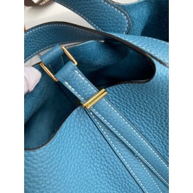 Hermes Picotin Lock 18 Handmade Bag in Blue Jean Clemence Leather