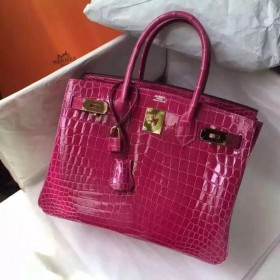 Hermes Birkin 30 Bag In Rose Red Crocodile Niloticus Shiny Skin