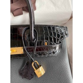 Hermes Touch Birkin 30 Bag In Black Clemence and Shiny Niloticus Crocodile Skin