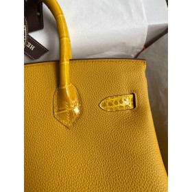 Hermes Touch Birkin 30 Bag In Yellow Clemence and Shiny Niloticus Crocodile Skin
