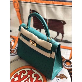 Hermes Kelly 25cm Handmade Bag In Vert Vertigo Ostrich Skin